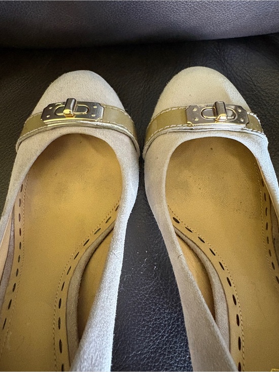 Coach Shoes - Coach ‘Wanda’ Taupe Suede Pumps
Pretty Gold Accent.
Classic Style and Beauty.